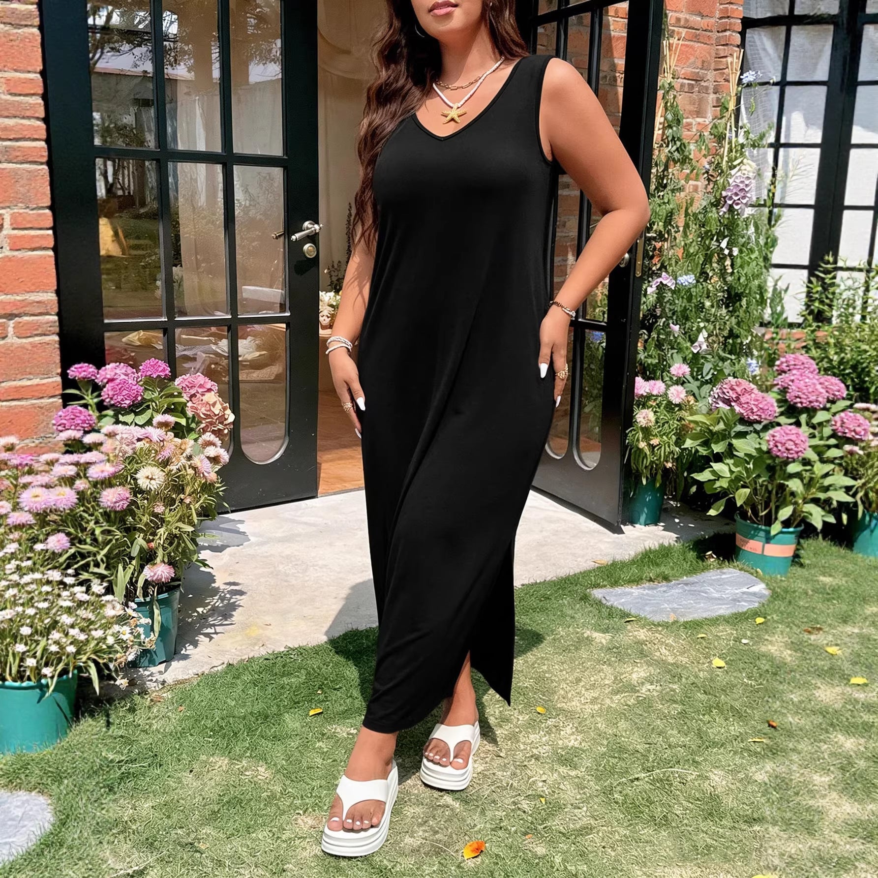 Damen luftiges Maxikleid mit V-Ausschnitt und seitlichem Schlitz R&B