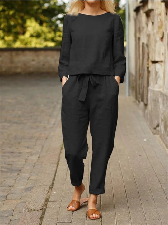 Damen Lässiges Zweiteiliges Leinen-Outfit mit breitem Bund R&B