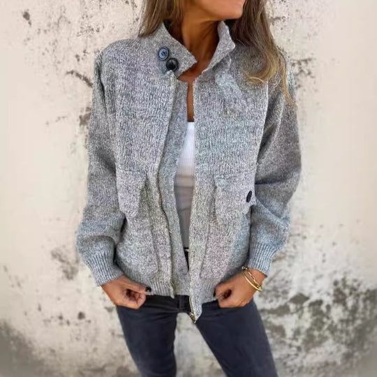 Damen weiche Strickjacke mit wärmeisolierendem Kragen und aufgesetzten Taschen R&B