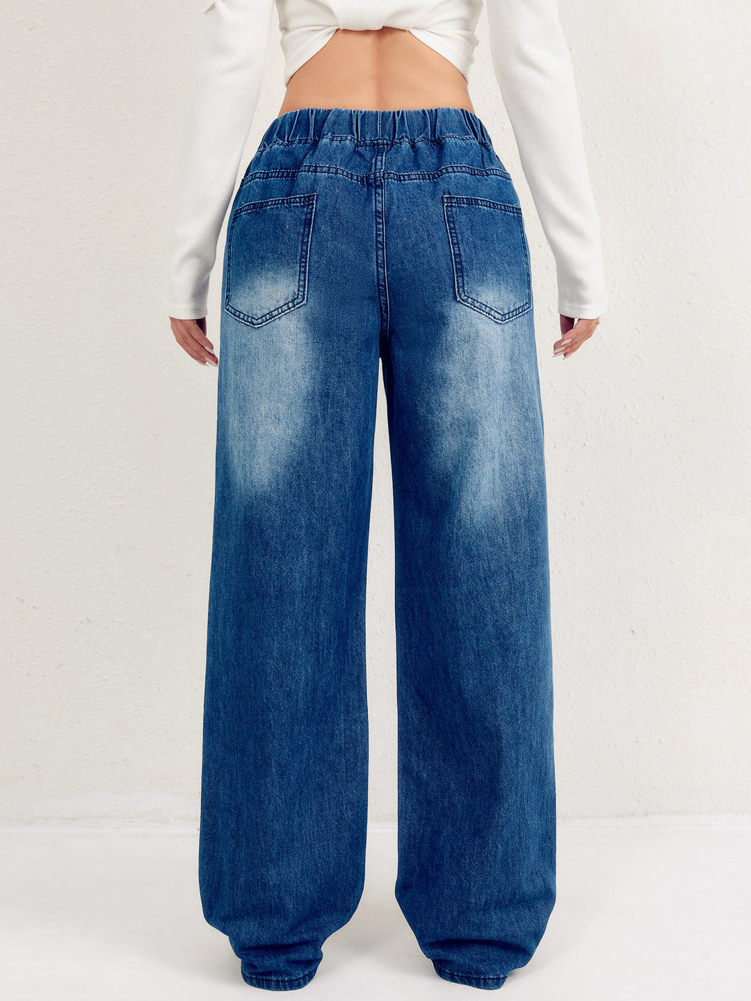 Damen weite Denim-Hose mit elastischem Bund und lässigem Schnitt R&B