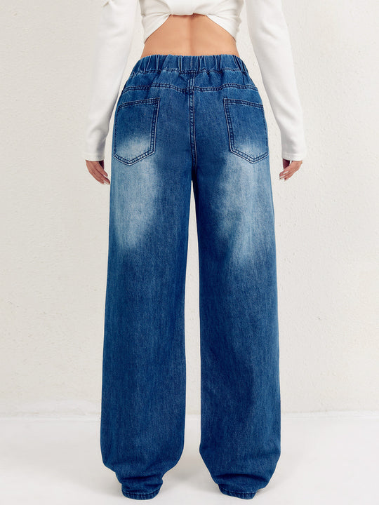 Damen weite Denim-Hose mit elastischem Bund und lässigem Schnitt R&B