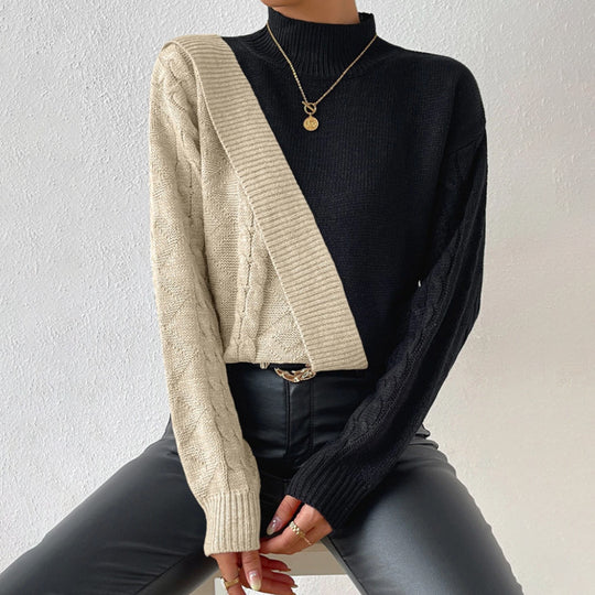 Damen modischer Strickpullover mit asymmetrischem Zopfdesign und hohen Kragen R&B