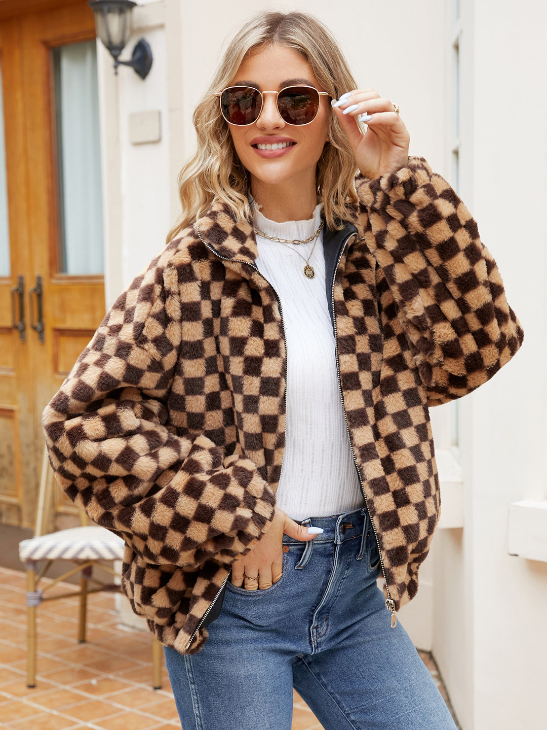 Damen Fleecejacke mit modernem Karomuster und hohem Kragen R&B