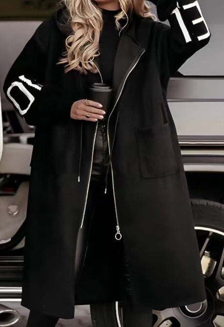 Damen Modische Longjacke mit Kapuze und Taschen R&B