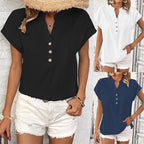 Damen stylisches Kurzarm-Oberteil mit Knopfdetails und trendigem Stehkragen R&B