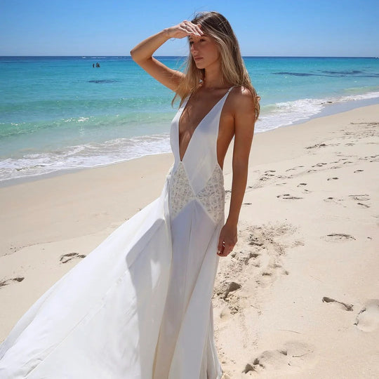 Damen Langarm Maxi-Kleid mit raffiniertem V-Ausschnitt und kunstvollem Spitzenbesatz R&B