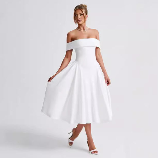 Damen Elegantes Off-Shoulder Midikleid mit ausladenden Falten und Taschen R&B