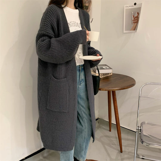 Damen Langer Strick-Cardigan mit tiefen Taschen und luftiger Passform R&B