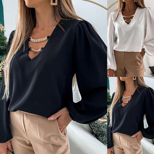 Damen elegante V-Ausschnitt Bluse mit Kettendetail R&B