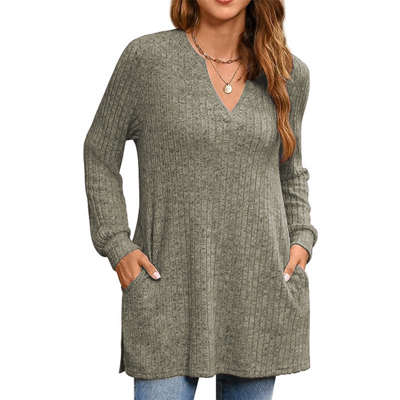 Damen Strickpullover mit V-Ausschnitt und praktischen Taschen R&B