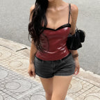 Damen-Crop-Top aus Kunstleder mit raffinierten Trägern R&B