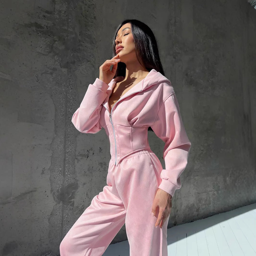 Damen sportlicher Jumpsuit mit Reißverschluss und hohem Kragen R&B