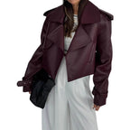 Damen modische Kunstlederjacke mit oversized Schnitt und breitem Kragen R&B