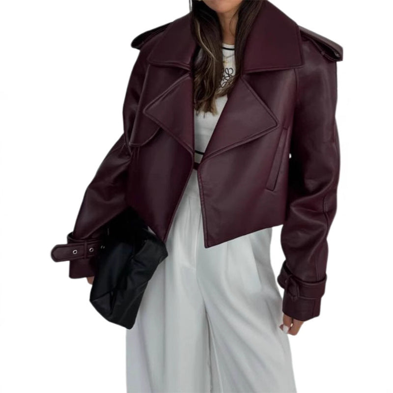 Damen modische Kunstlederjacke mit oversized Schnitt und breitem Kragen R&B