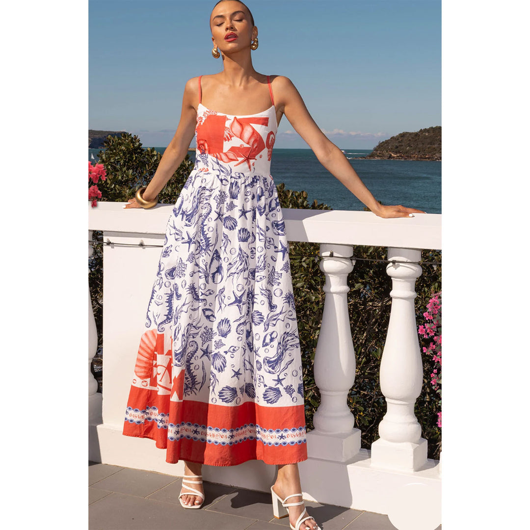 Damen Maxikleid mit feinen Trägern und künstlerischem grafikdruck R&B