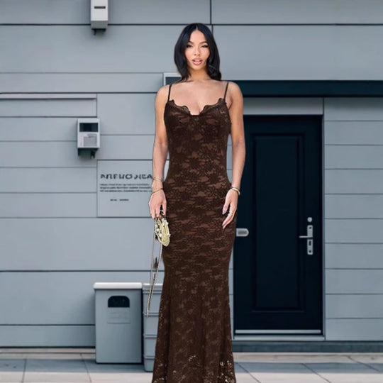 Damen Elegantes Spitzen-Maxikleid mit tiefem V-Ausschnitt R&B