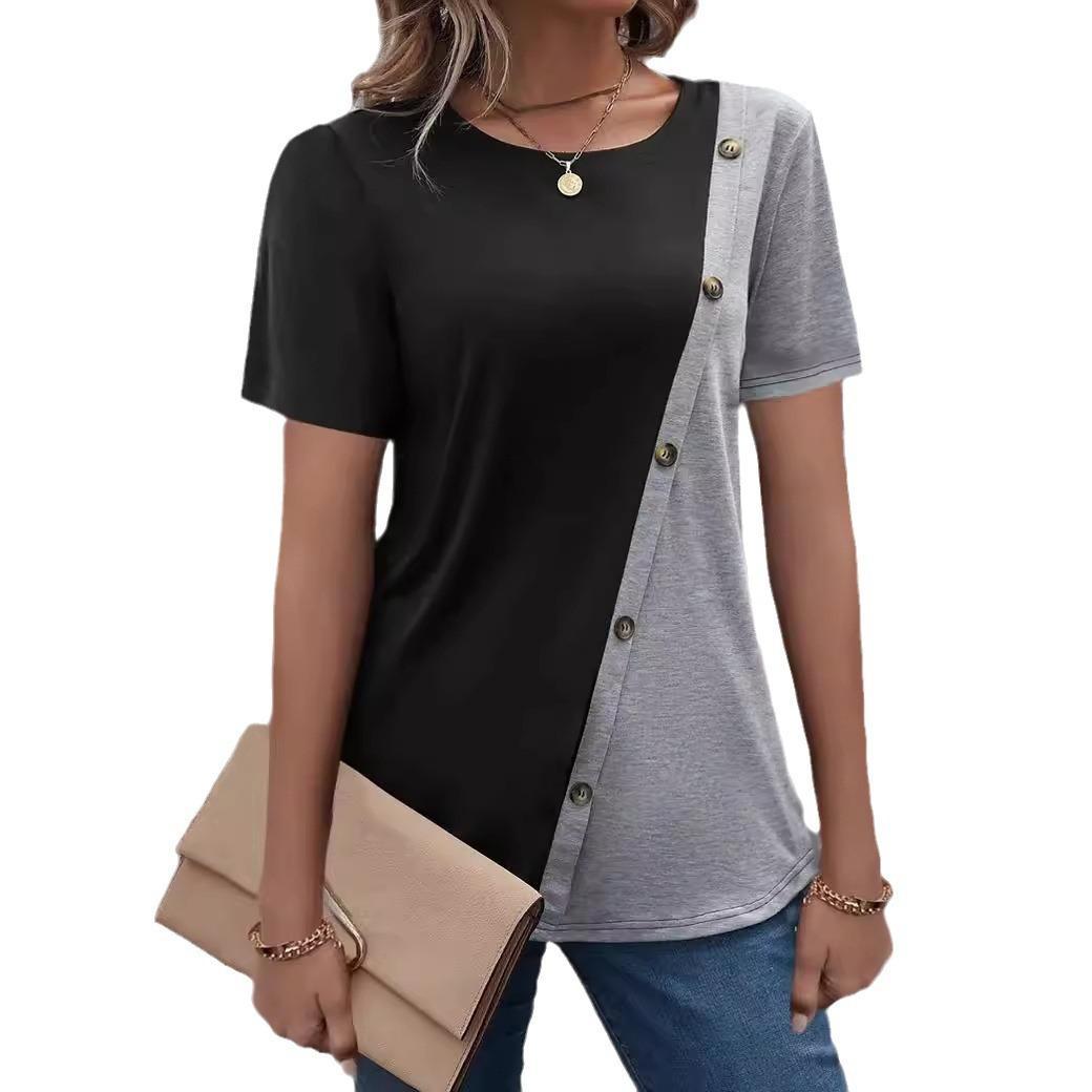 Damen kurzärmliges T-Shirt mit asymmetrischem Design und Knopfdetails R&B