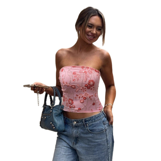 Damen eleganter Crop-Top mit Blumenstickerei und Pailletten R&B