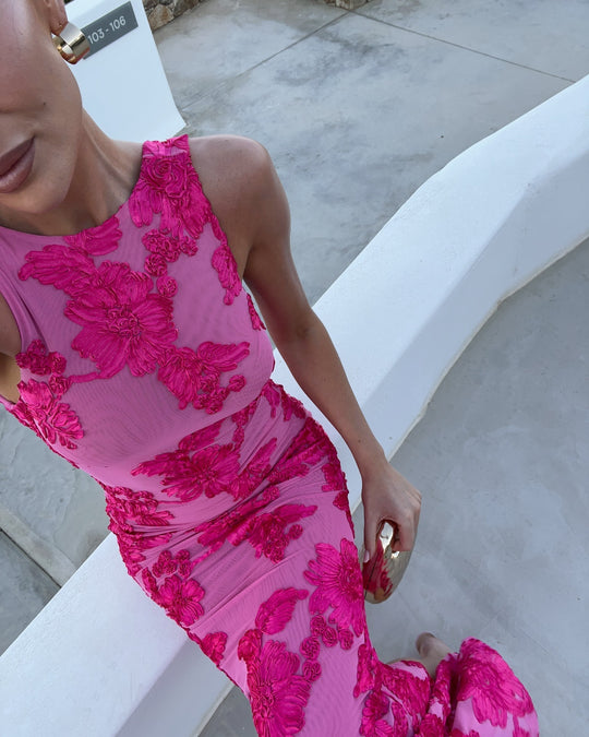 Damen Maxi-Kleid mit floralem 3D-Stickdesign und figurbetonter Silhouette R&B