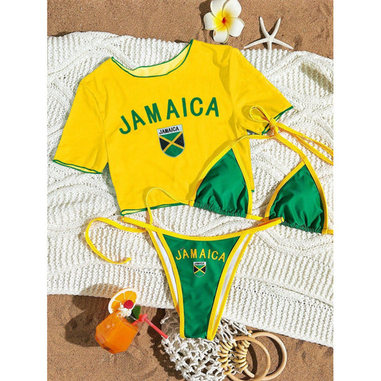 Damen Crop-Top Bikini-Set mit sportlichem Schnitt und Brasil-Print R&B