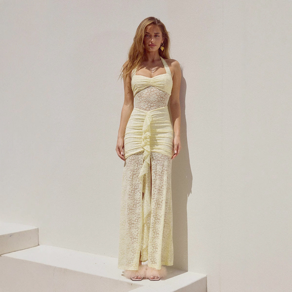 Damen Raffiniertes Maxikleid mit Spitzenakzenten und tiefem Schlitz R&B