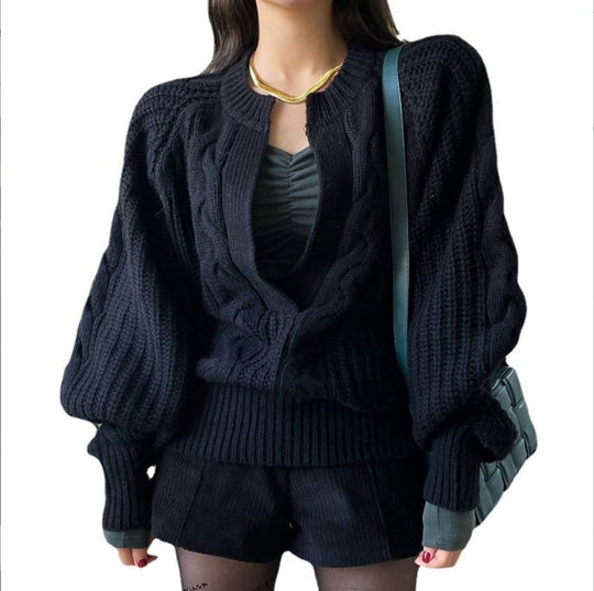 Damen Grobstrick-Pullover mit voluminösen Ärmeln und V-Ausschnitt R&B