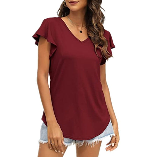 Damen V-Ausschnitt T-Shirt mit Rüschenärmeln und lässigem Schnitt R&B