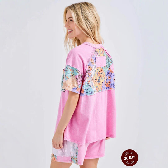 Damen nan lässiges Loungewear-Zweiteiler mit Oversize-Shirt, Kordelshorts, Patchwork-Tasche und Häkelbesatz R&B