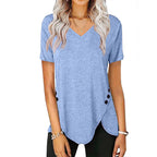 Damen lässiges V-Ausschnitt T-Shirt mit asymmetrischem Saum und dekorativen Knopfdetails R&B