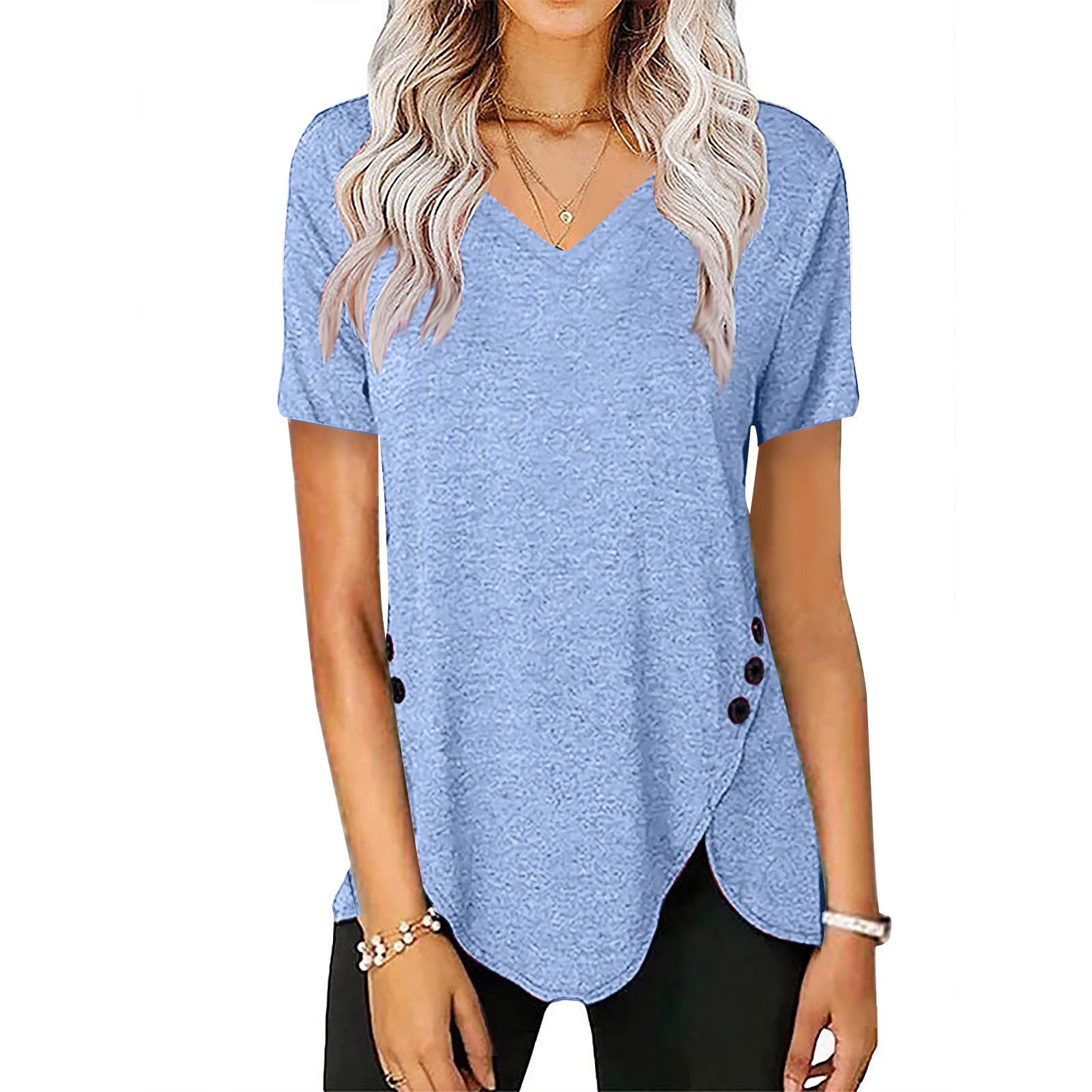 Damen lässiges V-Ausschnitt T-Shirt mit asymmetrischem Saum und dekorativen Knopfdetails R&B