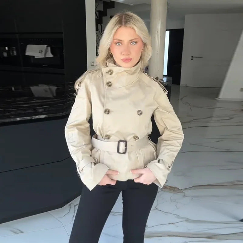 Damen Eleganter Kurz-Trenchcoat mit doppelter Knopfleiste und Taillengürtel R&B