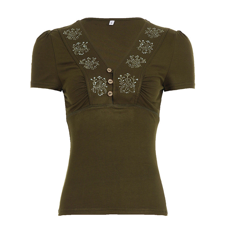 Damen T-Shirt mit floralem Stickmuster und Knopfleiste R&B