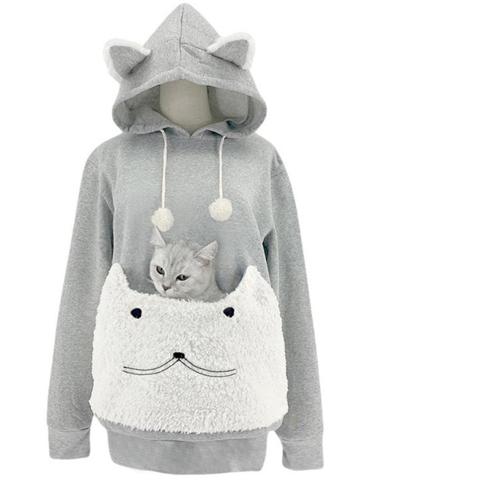 Damen Kuscheliger Kapuzenpullover mit Katzenmotiv und praktischer Känguru-Tasche R&B