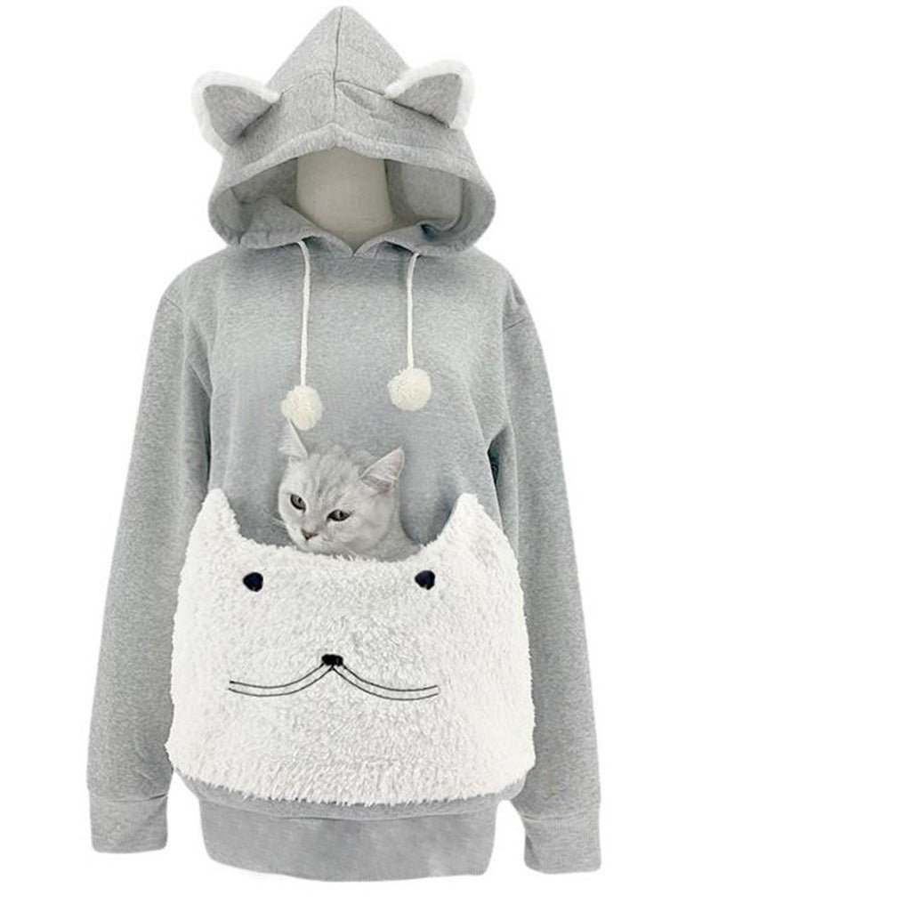 Damen Kuscheliger Kapuzenpullover mit Katzenmotiv und praktischer Känguru-Tasche R&B