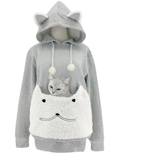 Damen Kuscheliger Kapuzenpullover mit Katzenmotiv und praktischer Känguru-Tasche R&B
