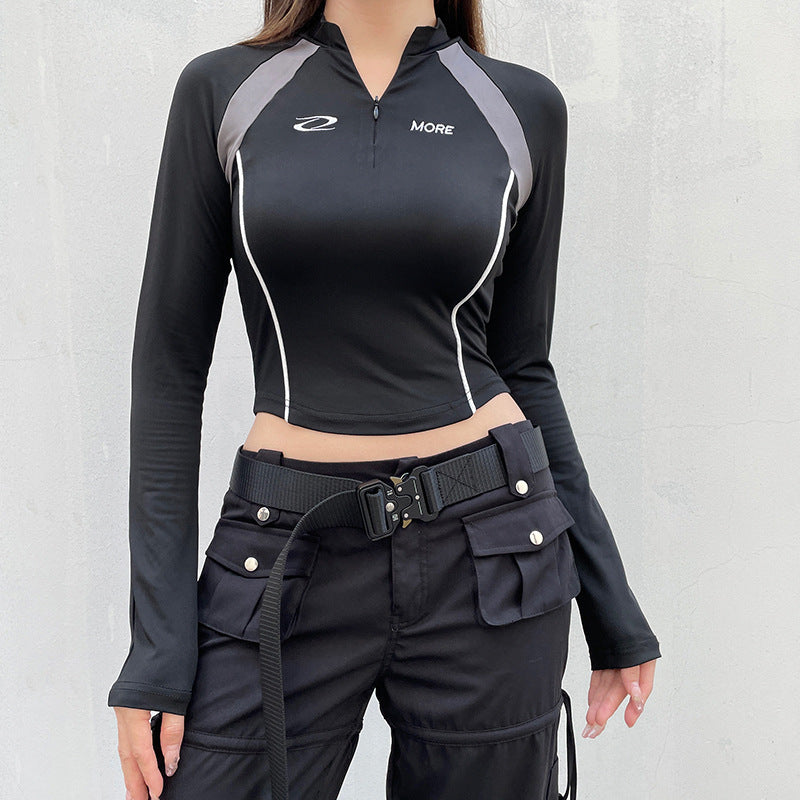 Damen Sportliches Kurzarm-Top mit Reißverschluss und kontrastierenden Nähte R&B
