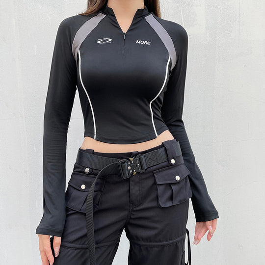 Damen Sportliches Kurzarm-Top mit Reißverschluss und kontrastierenden Nähte R&B