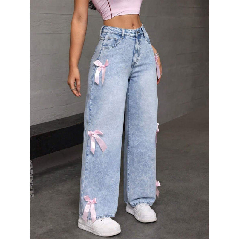 Damen Weite Jeans mit dekorativen Schleifen-Details R&B