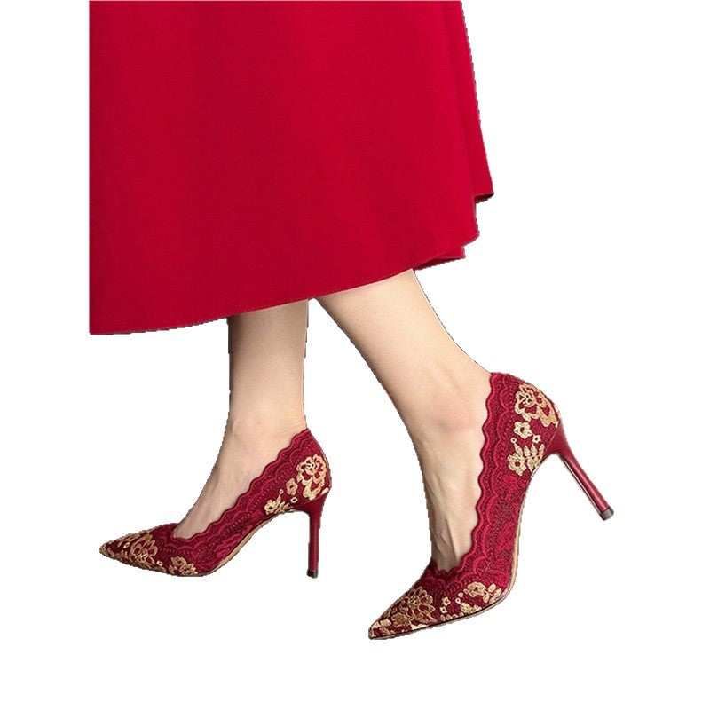 Damen elegante High Heel Schuhe mit raffiniertem Spitzenmuster R&B