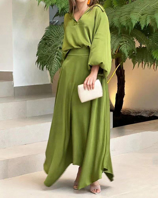 Damen Elegantes Wickelmaxikleid mit weit ausgestellten Ärmeln und V-Ausschnitt R&B