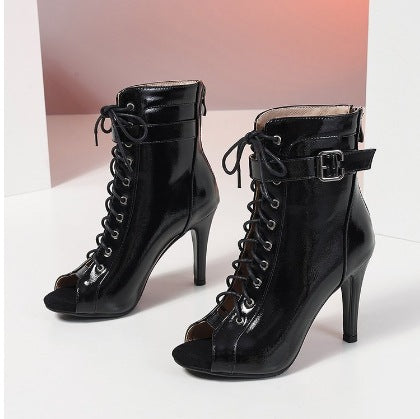 Damen Schnürstiefeletten mit offener Zehenpartie und hohem Absatz R&B