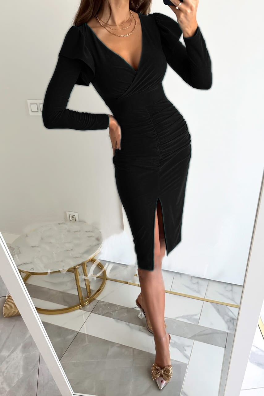 Damen figurbetontes Wickelkleid mit Rüschendetails und seitlichem Schlitz R&B
