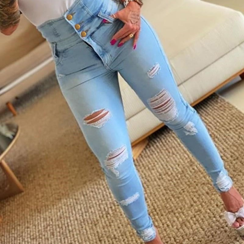 Damen High-Waist Jeans mit distressed Effekt und Knopfdetails R&B