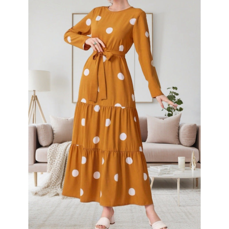 Damen Maxikleid mit buntem Polka-Dot-Muster und Taillengürtel R&B
