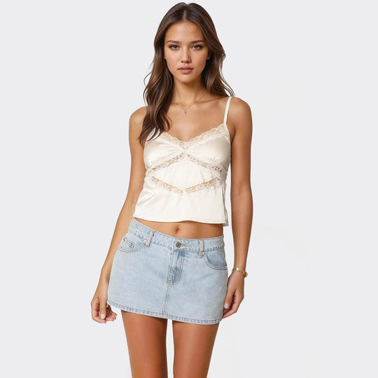 Damen Elegantes Satin-Cami-Top mit Spitzenverzierungen R&B