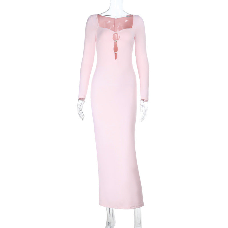 Damen elegantes Maxikleid mit transparentem Ausschnitt und langem Arm R&B