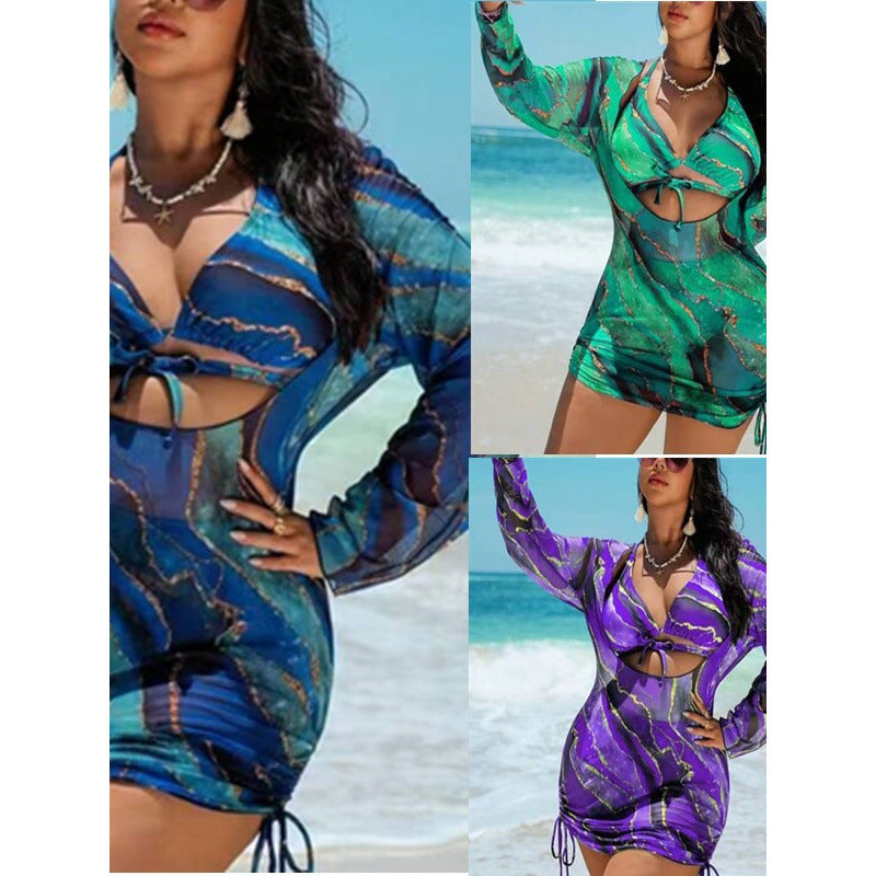 Damen Strandkleid mit transparenten Einsätzen und modischem Wickel-Design R&B