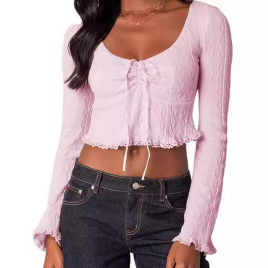 Damen Cropped Top mit Schnüroptik und Spitzenverzierungen R&B