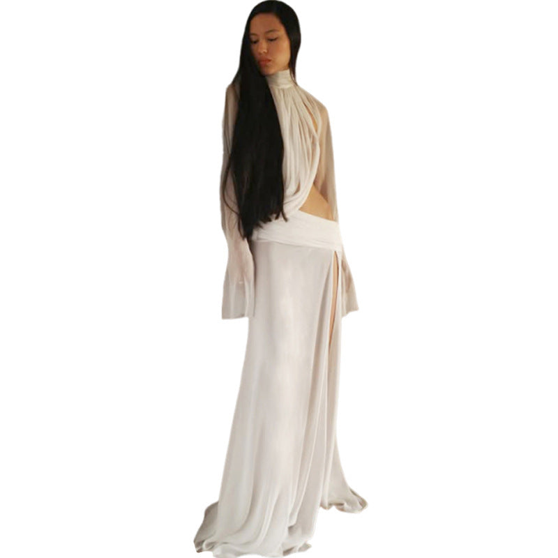 Damen elegantes Maxikleid mit durchscheinenden Ärmeln und seitlichem Schlitz R&B