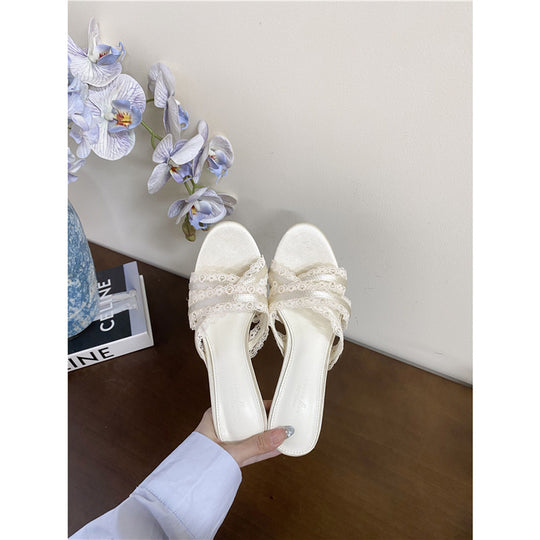 Damen High Heel Sandaletten mit zierlichen Spitzenverzierungen R&B